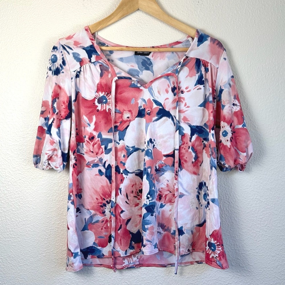 Star Vixen Floral Blouse Womens S Pink Blue Excellent Puff Sleeve Tie Neck Top